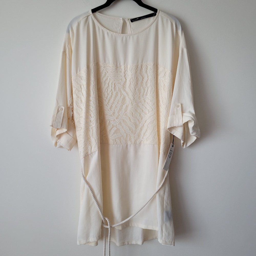 NWT Melissa Nepton Made In Canada Vanilla Cream Lace Overlay Scoop Neck Tunic L